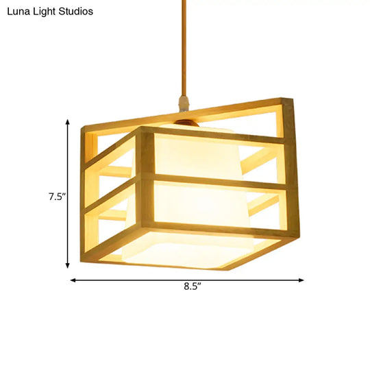 Rhombus Cage Pendant Asian Ceiling Light With Glass Lamp Shade - Kitchen Dinette Wood Hanging