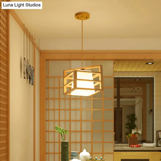 Rhombus Cage Pendant Asian Ceiling Light With Glass Lamp Shade - Kitchen Dinette Wood Hanging