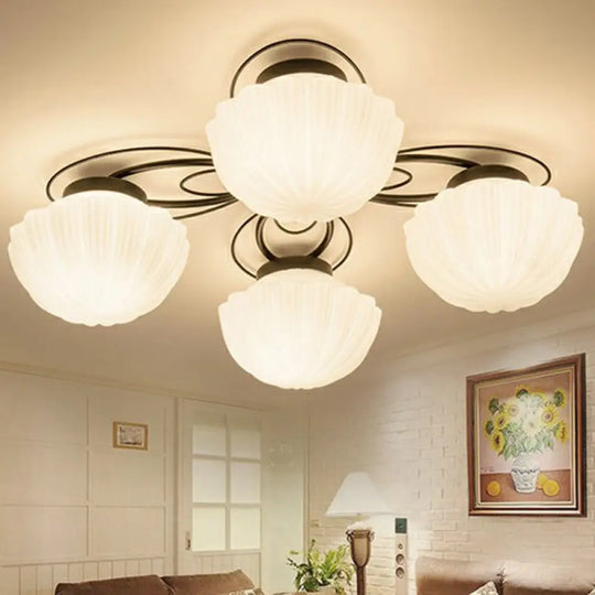 Ribbed Cream Glass Black Flush Mount Chandelier: Classic Semi Light For Dining Room 4 / 1 Tier