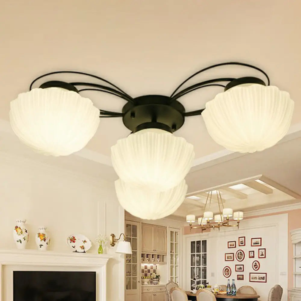 Ribbed Cream Glass Black Flush Mount Chandelier: Classic Semi Light For Dining Room 4 / 2 Tiers