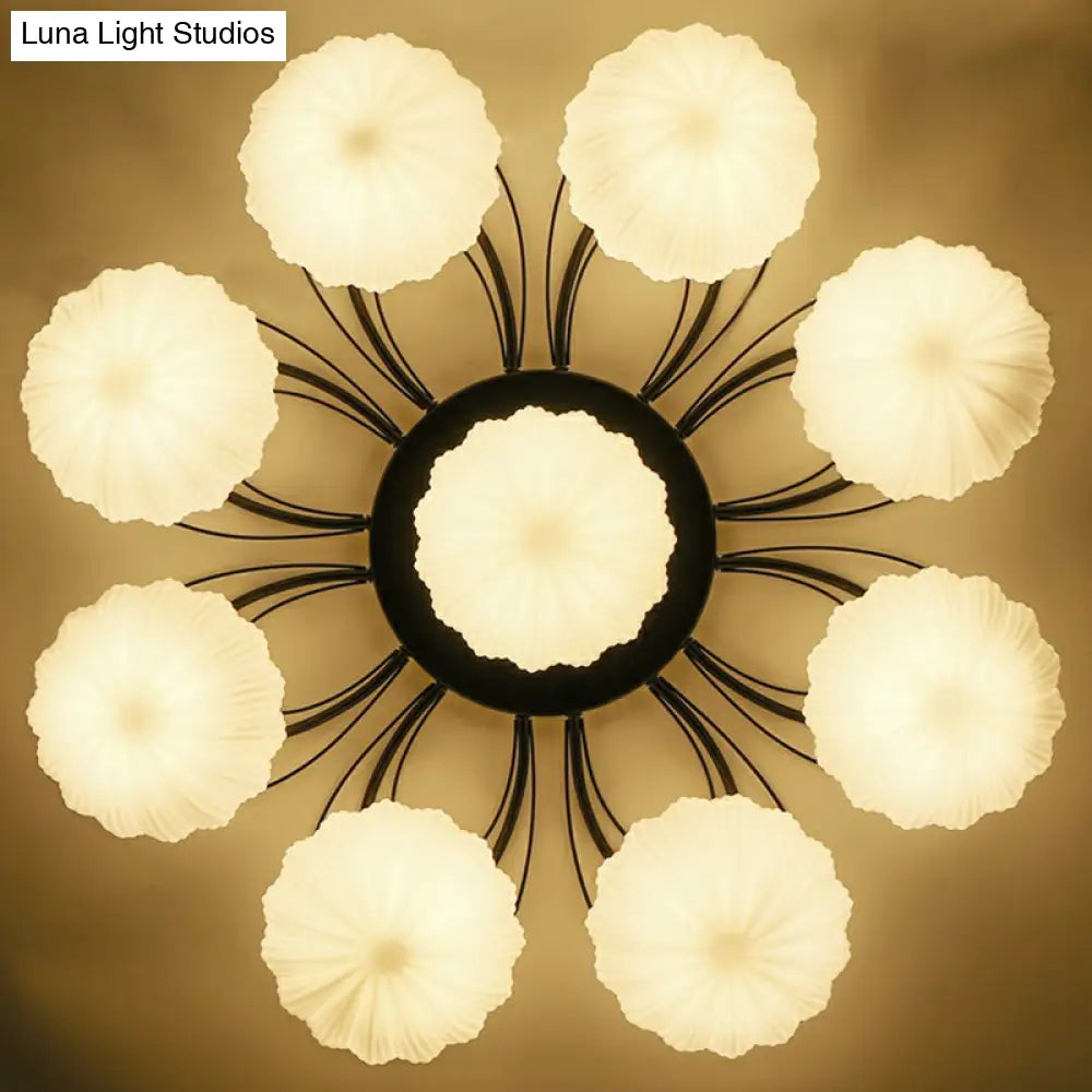 Ribbed Cream Glass Black Flush Mount Chandelier: Classic Semi Light For Dining Room