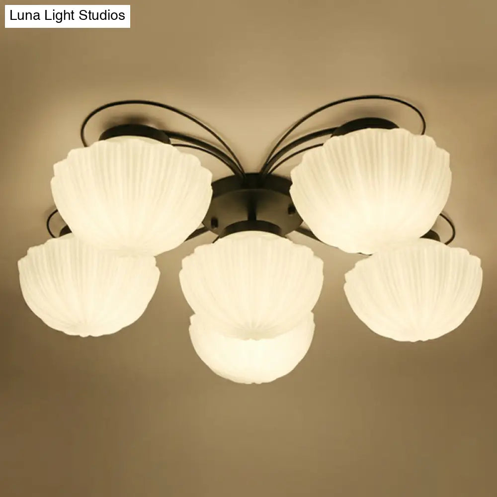 Ribbed Cream Glass Black Flush Mount Chandelier: Classic Semi Light For Dining Room