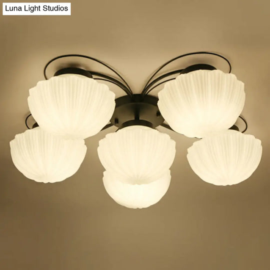 Ribbed Cream Glass Black Flush Mount Chandelier: Classic Semi Light For Dining Room