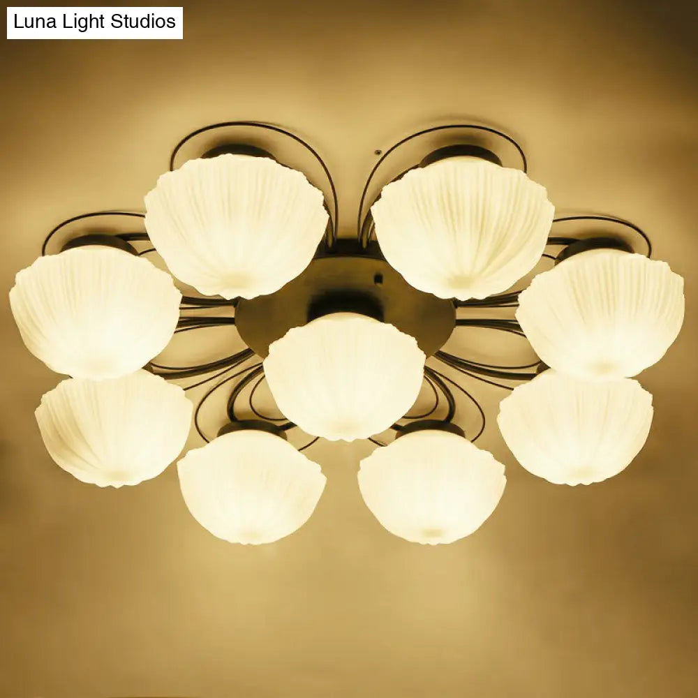 Ribbed Cream Glass Black Flush Mount Chandelier: Classic Semi Light For Dining Room