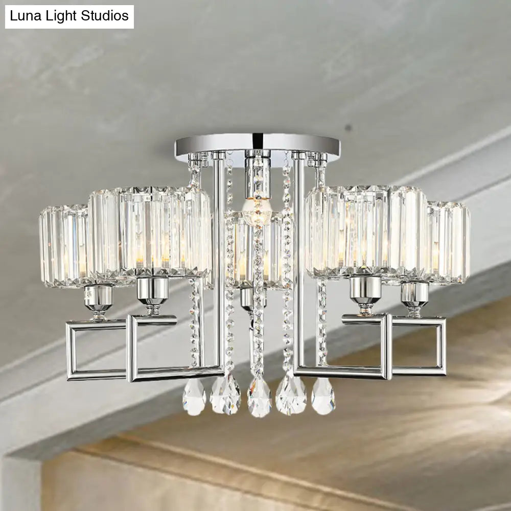 Ribbed Crystal Drum Flush Ceiling Light - Stylish Silver Semi Lamp With Scroll Frame (4/6-Light)