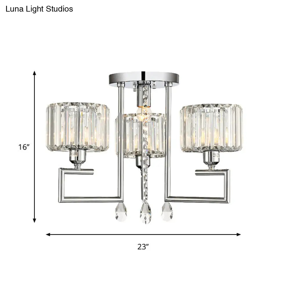 Ribbed Crystal Drum Flush Ceiling Light - Stylish Silver Semi Lamp With Scroll Frame (4/6-Light)