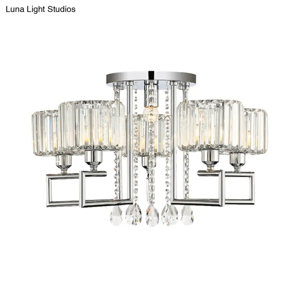 Ribbed Crystal Drum Flush Ceiling Light - Stylish Silver Semi Lamp With Scroll Frame (4/6 - Light)