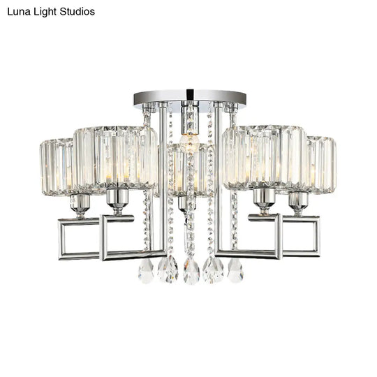 Ribbed Crystal Drum Flush Ceiling Light - Stylish Silver Semi Lamp With Scroll Frame (4/6 - Light)