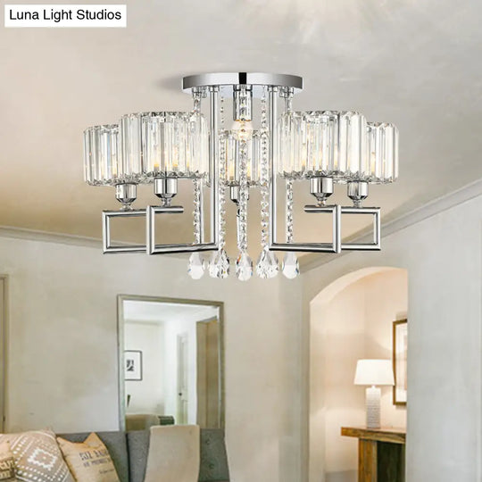 Ribbed Crystal Drum Flush Ceiling Light - Stylish Silver Semi Lamp With Scroll Frame (4/6 - Light)