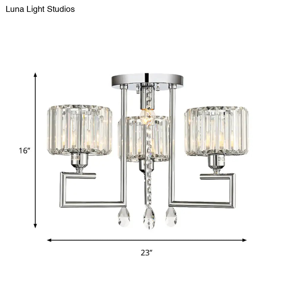 Ribbed Crystal Drum Flush Ceiling Light - Stylish Silver Semi Lamp With Scroll Frame (4/6 - Light)