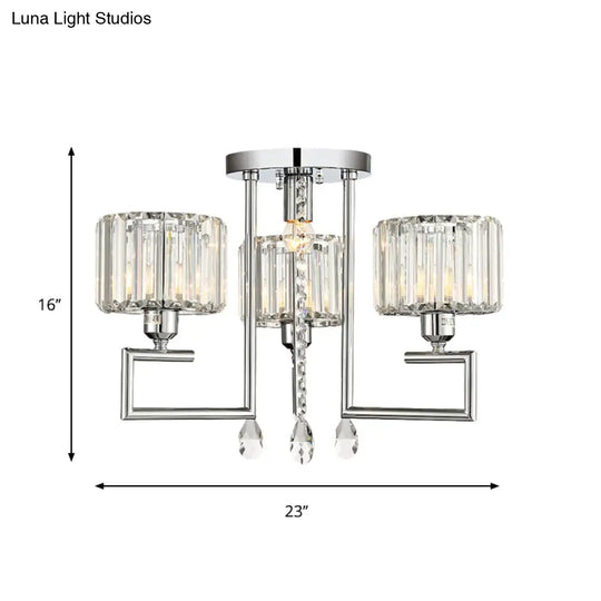 Ribbed Crystal Drum Flush Ceiling Light - Stylish Silver Semi Lamp With Scroll Frame (4/6 - Light)