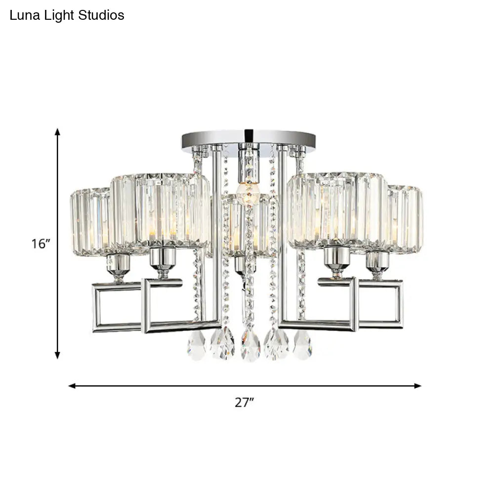 Ribbed Crystal Drum Flush Ceiling Light - Stylish Silver Semi Lamp With Scroll Frame (4/6-Light)