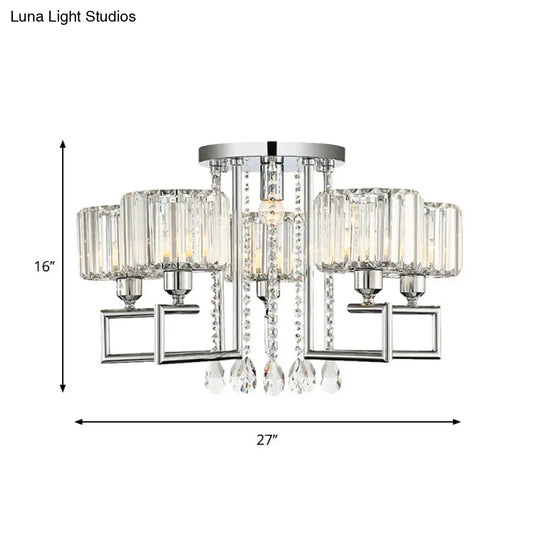 Ribbed Crystal Drum Flush Ceiling Light - Stylish Silver Semi Lamp With Scroll Frame (4/6-Light)