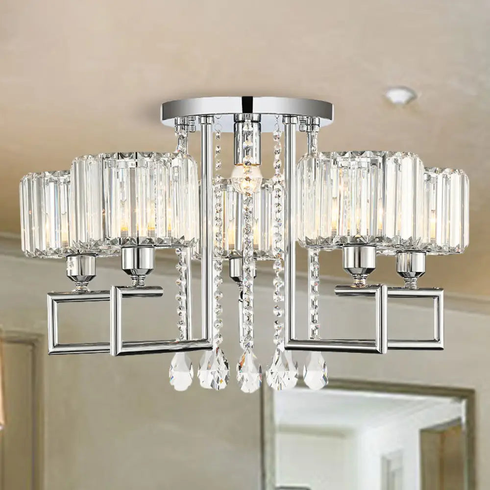 Ribbed Crystal Drum Flush Ceiling Light - Stylish Silver Semi Lamp With Scroll Frame (4/6 - Light)