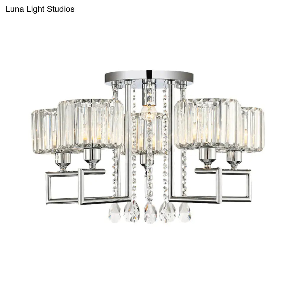 Ribbed Crystal Drum Flush Ceiling Light - Stylish Silver Semi Lamp With Scroll Frame (4/6-Light)