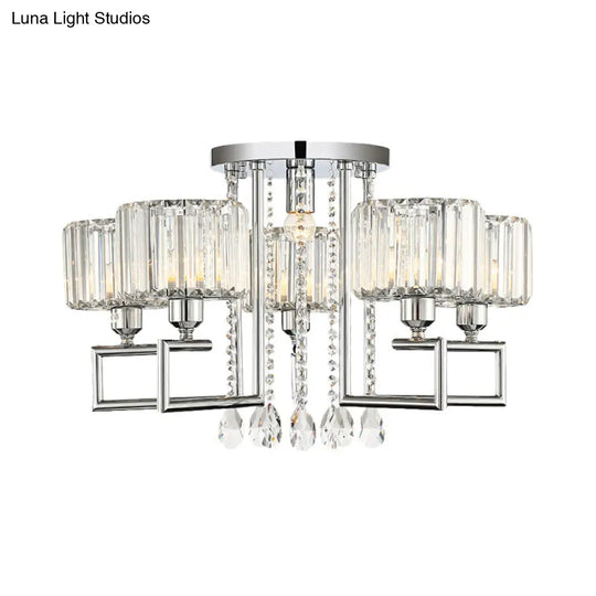 Ribbed Crystal Drum Flush Ceiling Light - Stylish Silver Semi Lamp With Scroll Frame (4/6-Light)