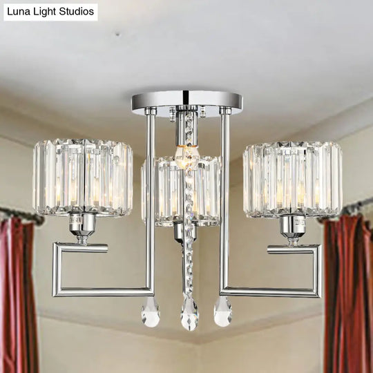 Ribbed Crystal Drum Flush Ceiling Light - Stylish Silver Semi Lamp With Scroll Frame (4/6 - Light)