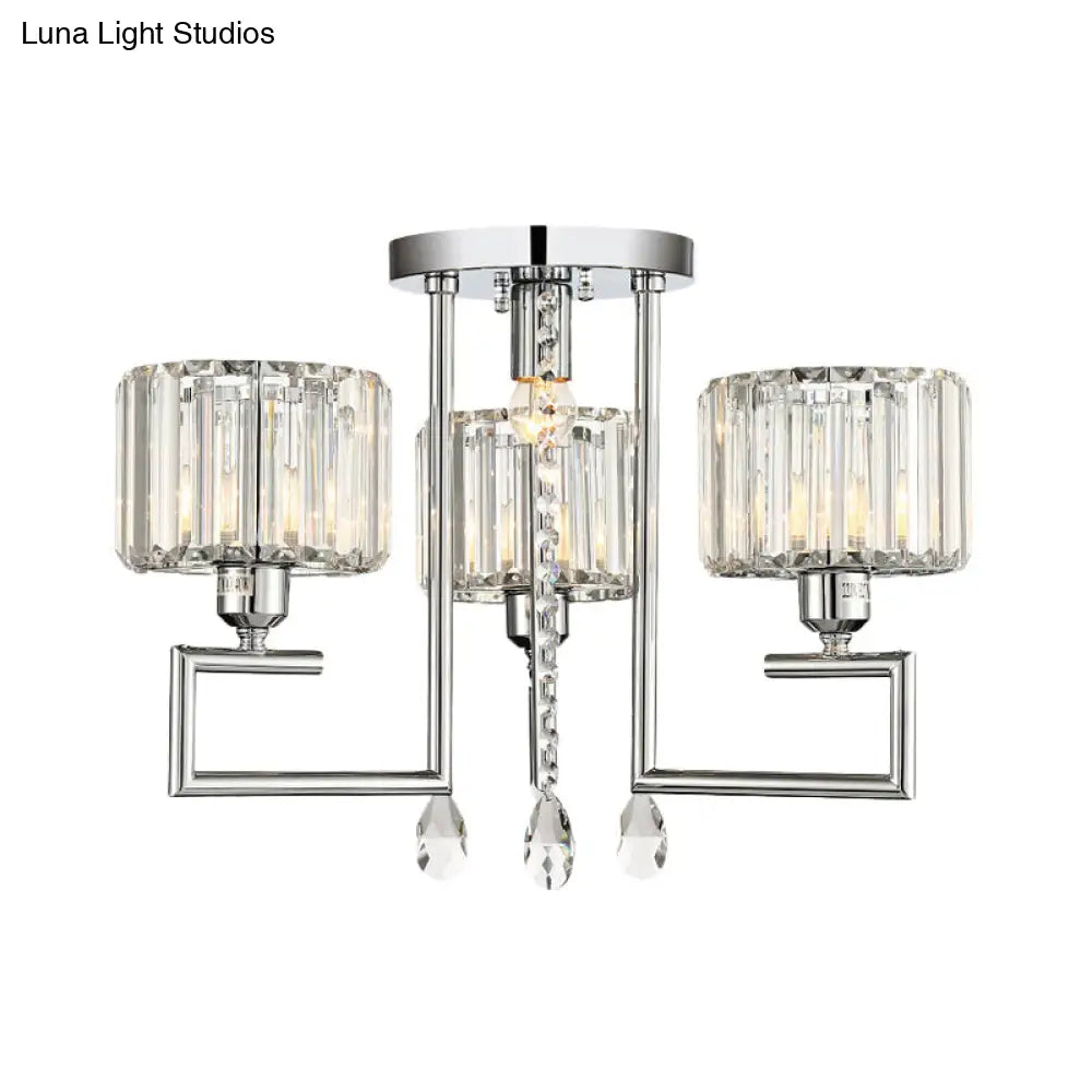 Ribbed Crystal Drum Flush Ceiling Light - Stylish Silver Semi Lamp With Scroll Frame (4/6-Light)