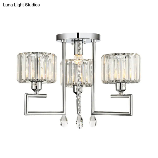 Ribbed Crystal Drum Flush Ceiling Light - Stylish Silver Semi Lamp With Scroll Frame (4/6-Light)