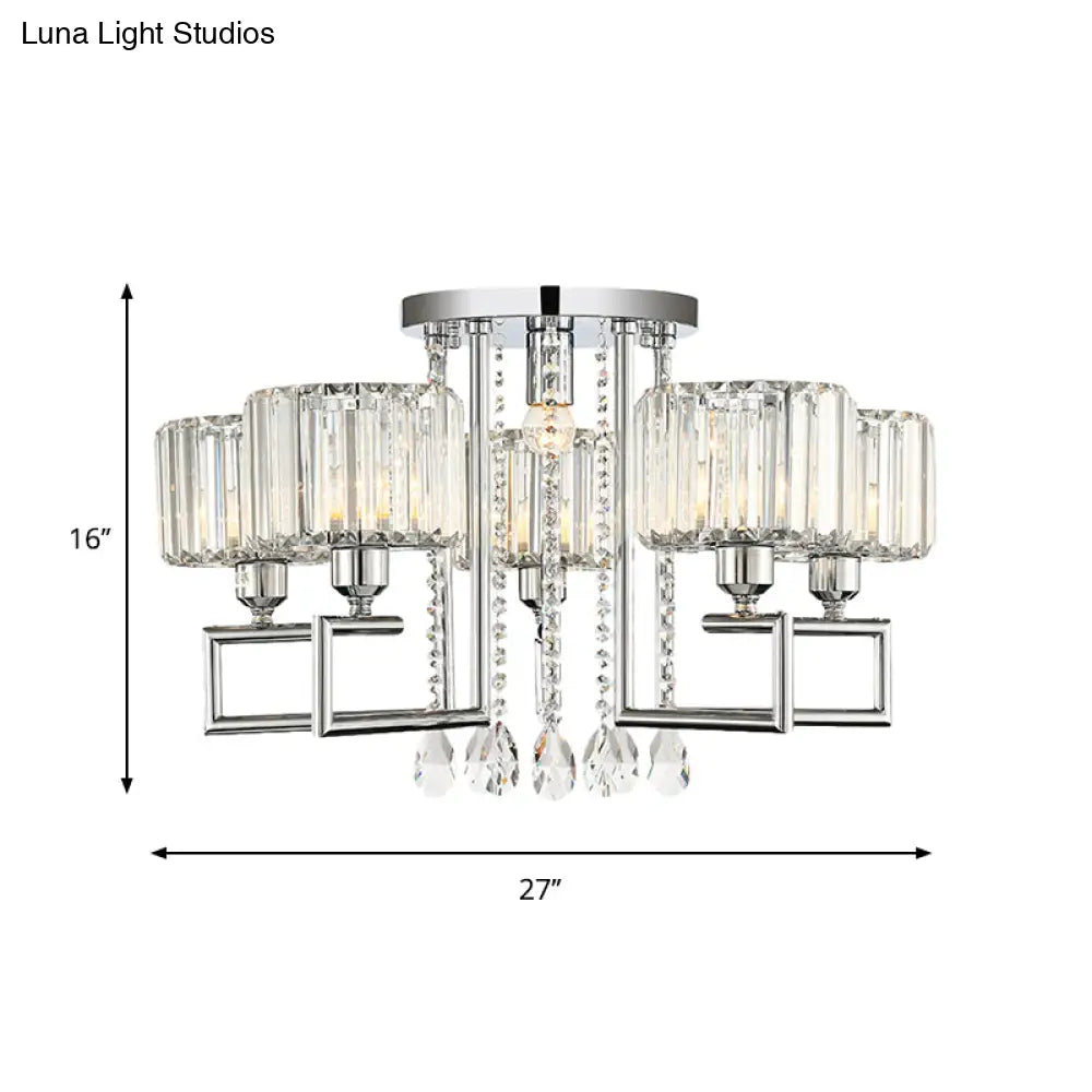 Ribbed Crystal Drum Flush Ceiling Light - Stylish Silver Semi Lamp With Scroll Frame (4/6 - Light)