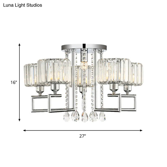 Ribbed Crystal Drum Flush Ceiling Light - Stylish Silver Semi Lamp With Scroll Frame (4/6 - Light)