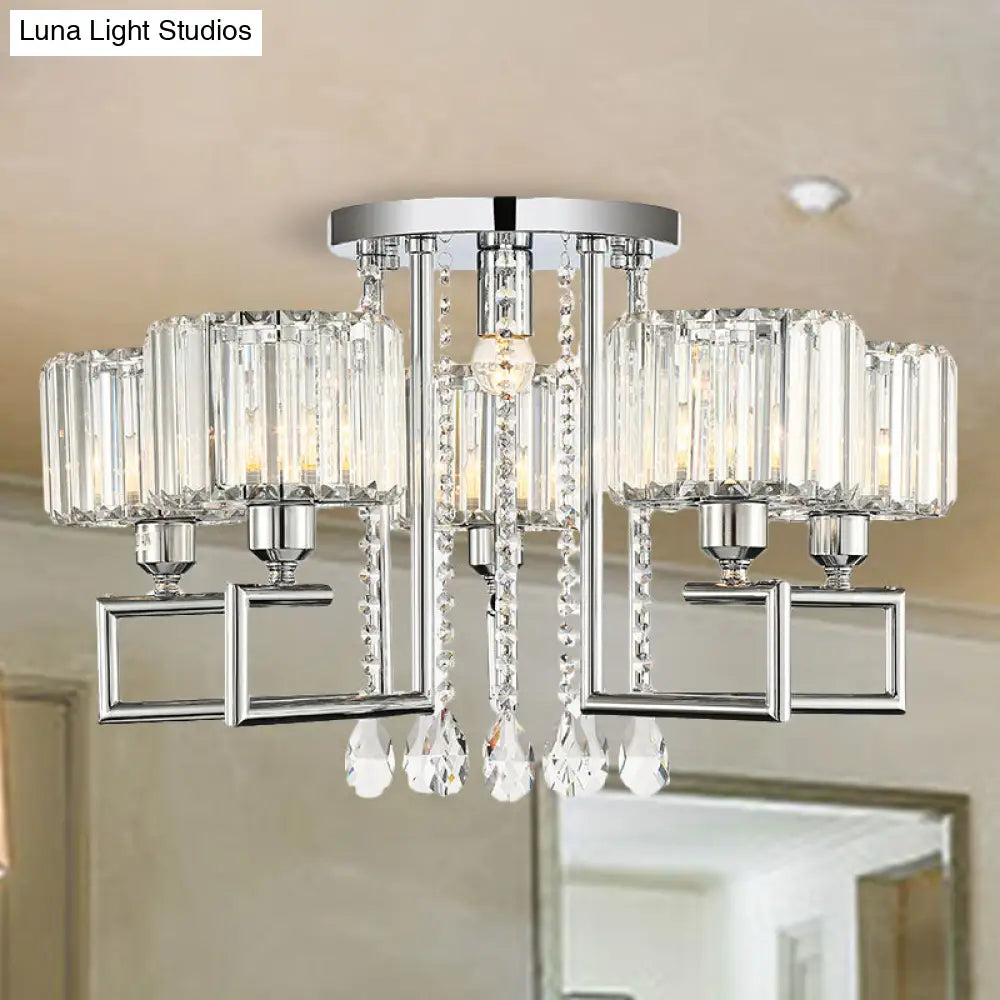 Ribbed Crystal Drum Flush Ceiling Light - Stylish Silver Semi Lamp With Scroll Frame (4/6-Light) 6 /