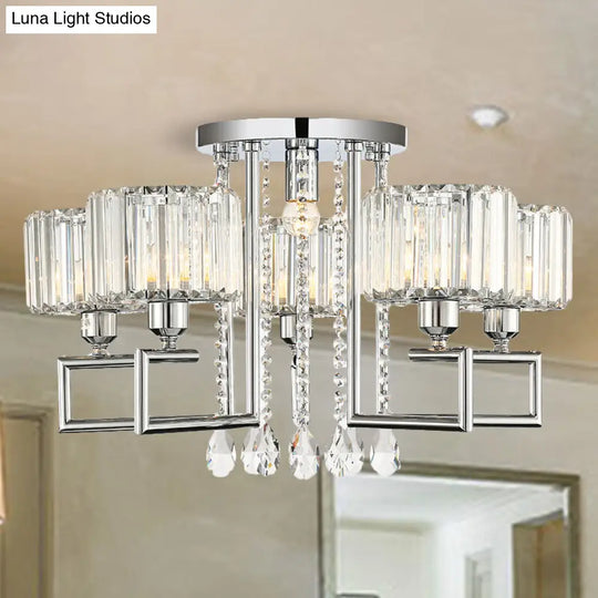 Ribbed Crystal Drum Flush Ceiling Light - Stylish Silver Semi Lamp With Scroll Frame (4/6-Light) 6 /