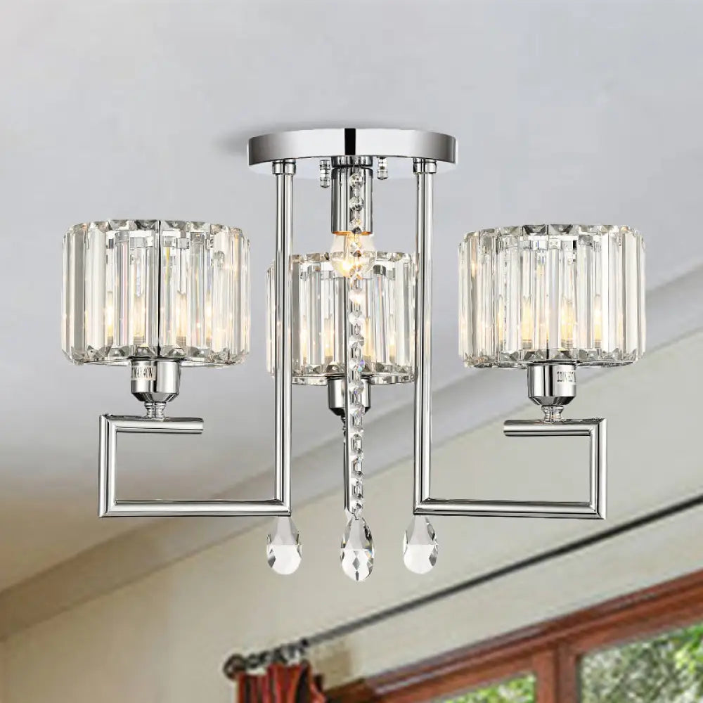 Ribbed Crystal Drum Flush Ceiling Light - Stylish Silver Semi Lamp With Scroll Frame (4/6 - Light)