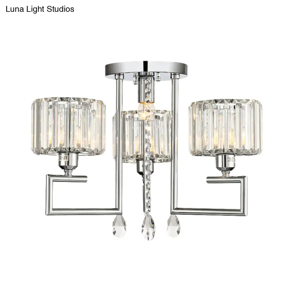 Ribbed Crystal Drum Flush Ceiling Light - Stylish Silver Semi Lamp With Scroll Frame (4/6 - Light)