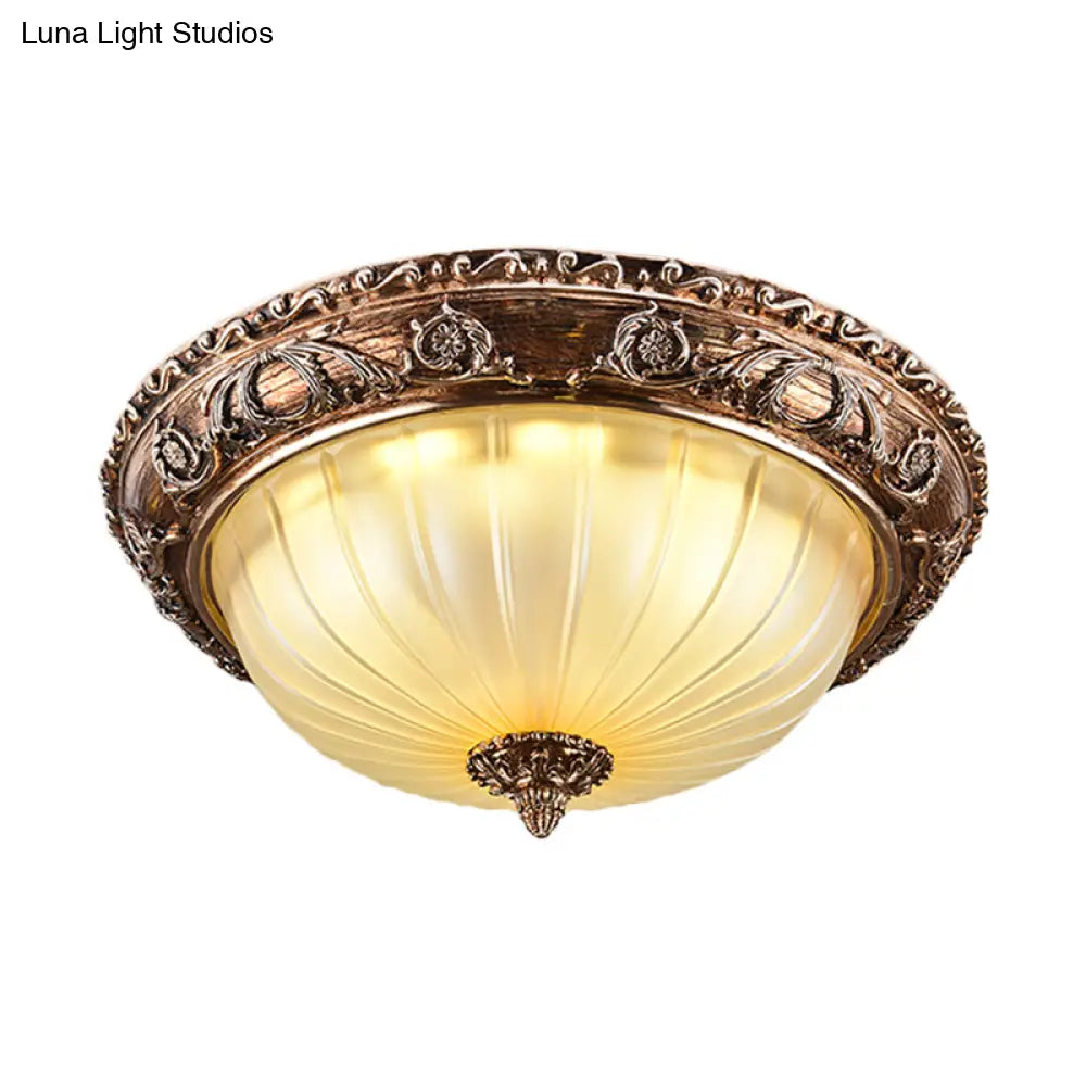 Ribbed Frosted Glass Led Flush Mount Ceiling Light In Traditional Brown - 14/16/19.5