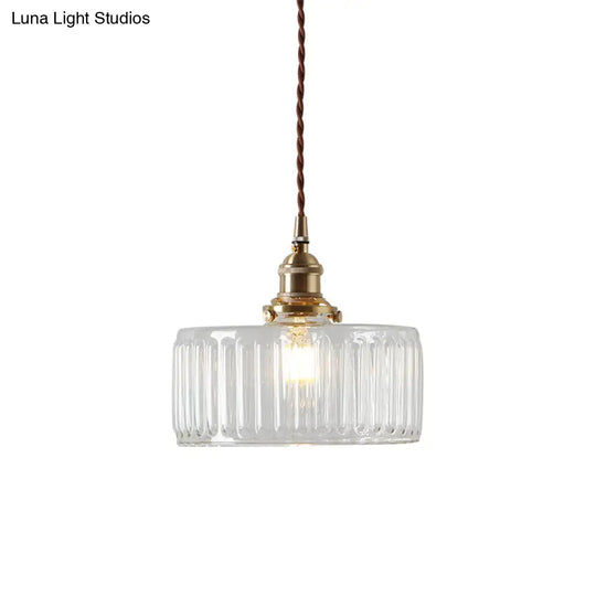 Ribbed Glass Brass Pendant Light With Clear Finish 1 Head Round Suspension Lamp For Warehouse