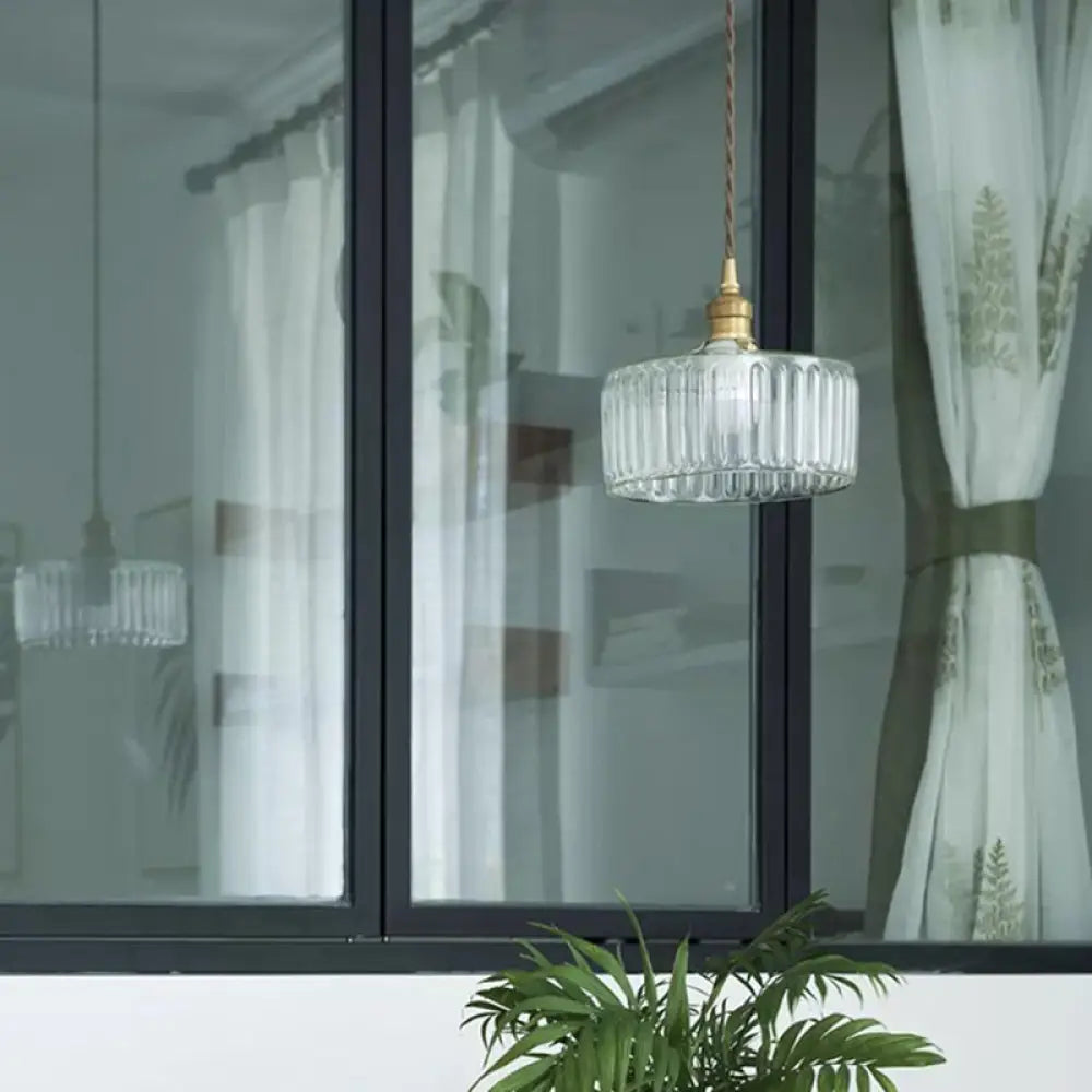 Ribbed Glass Brass Pendulum Light - Warehouse Suspension Lamp
