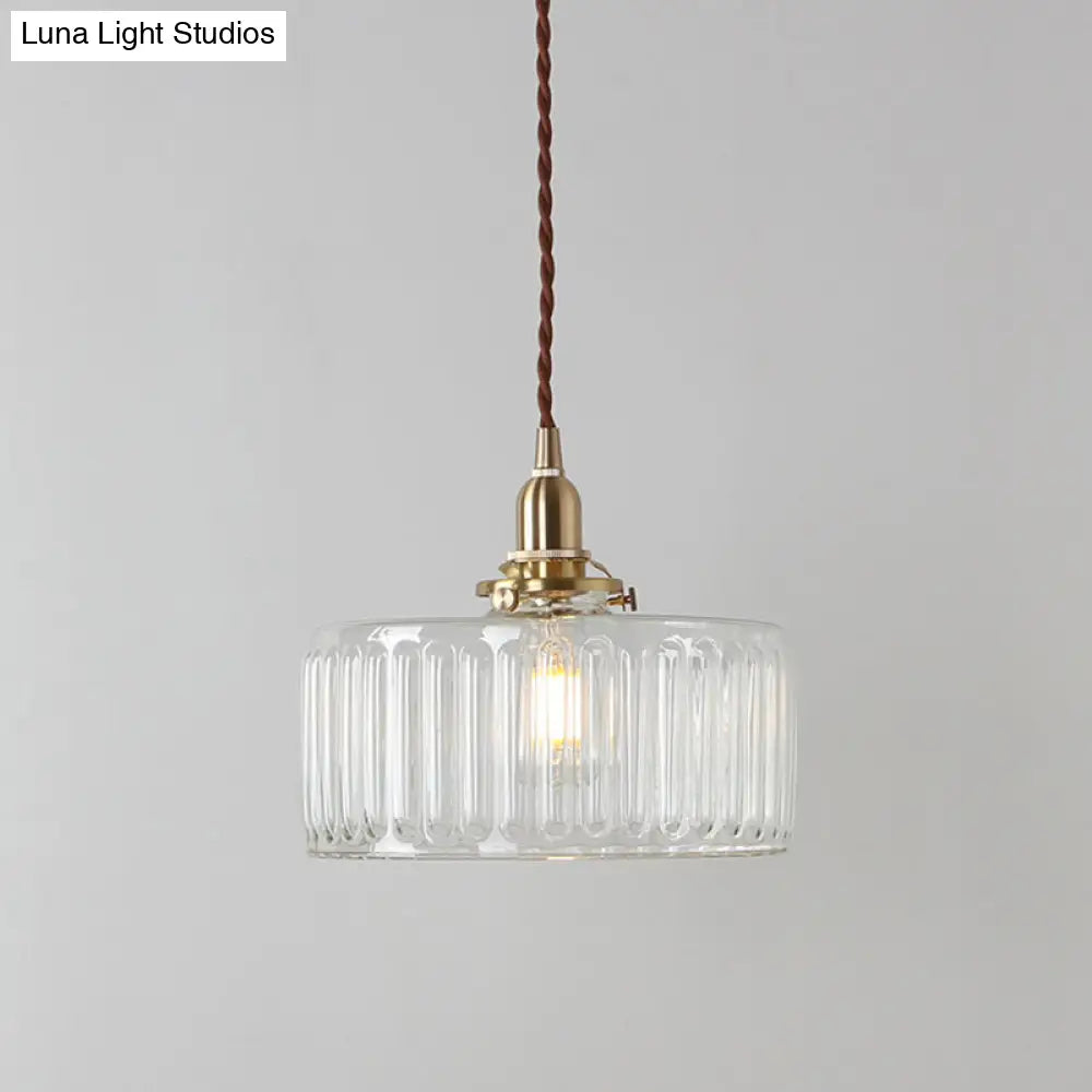 Ribbed Glass Brass Pendant Light With Clear Finish 1 Head Round Suspension Lamp For Warehouse