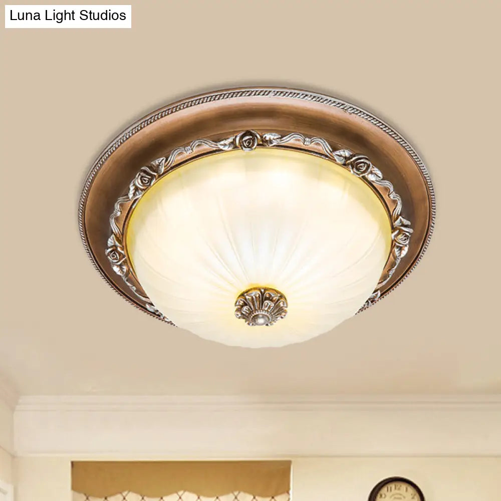 Ribbed Glass Brown Flush Ceiling Light With Domed Shade - Led Farmhouse Flushmount Lamp