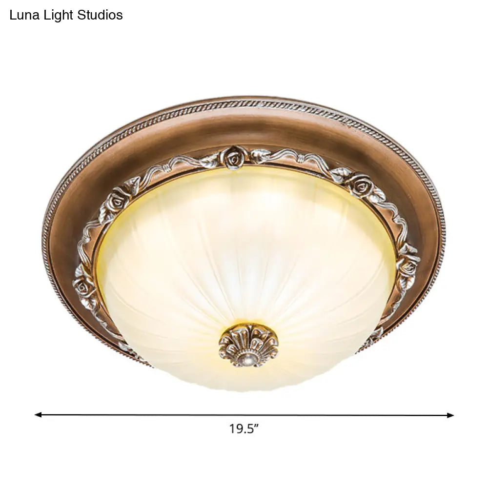 Ribbed Glass Brown Flush Ceiling Light With Domed Shade - Led Farmhouse Flushmount Lamp (14/16/19.5