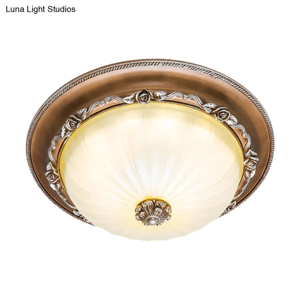 Ribbed Glass Brown Flush Ceiling Light With Domed Shade - Led Farmhouse Flushmount Lamp (14/16/19.5