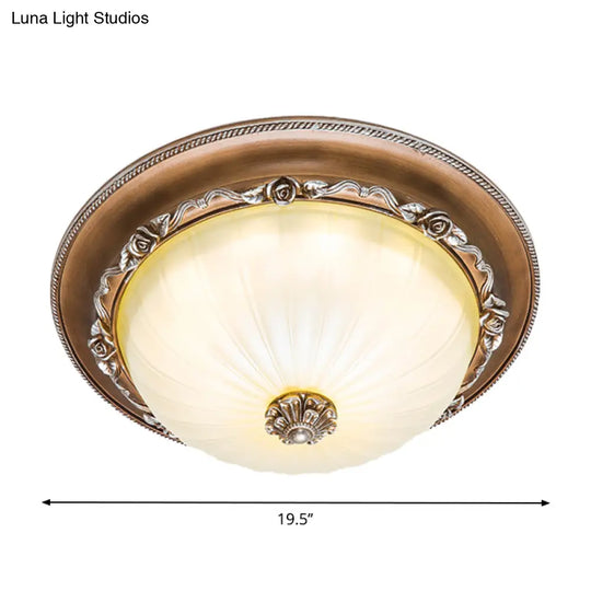 Ribbed Glass Brown Flush Ceiling Light With Domed Shade - Led Farmhouse Flushmount Lamp