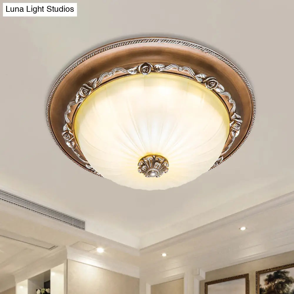 Ribbed Glass Brown Flush Ceiling Light With Domed Shade - Led Farmhouse Flushmount Lamp (14/16/19.5