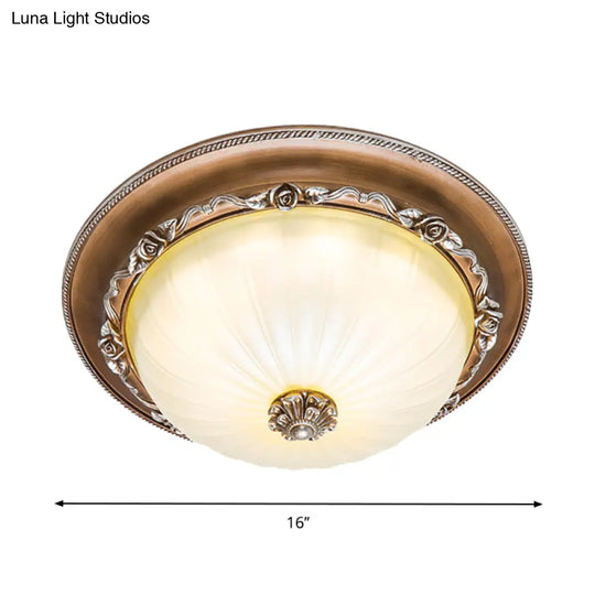 Ribbed Glass Brown Flush Ceiling Light With Domed Shade - Led Farmhouse Flushmount Lamp