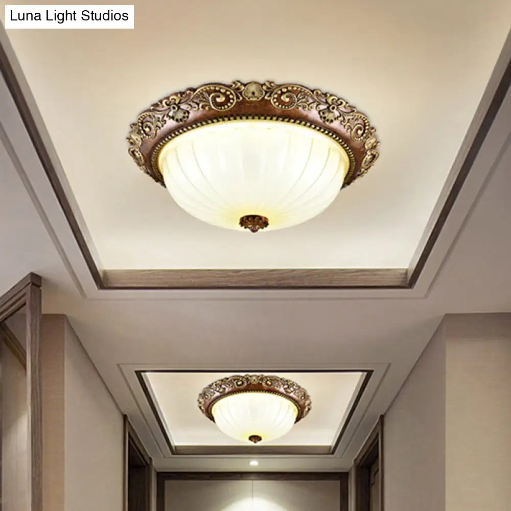 Ribbed Glass Ceiling Flush Foyer Led Mount Light In Brown - Traditional Bowl Design 14/16/19.5 Wide