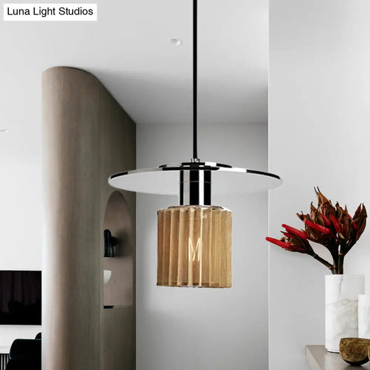 Stylish 1-Light Pendant Kit: Ribbed Glass Chrome Mini Drum Ceiling Lamp+