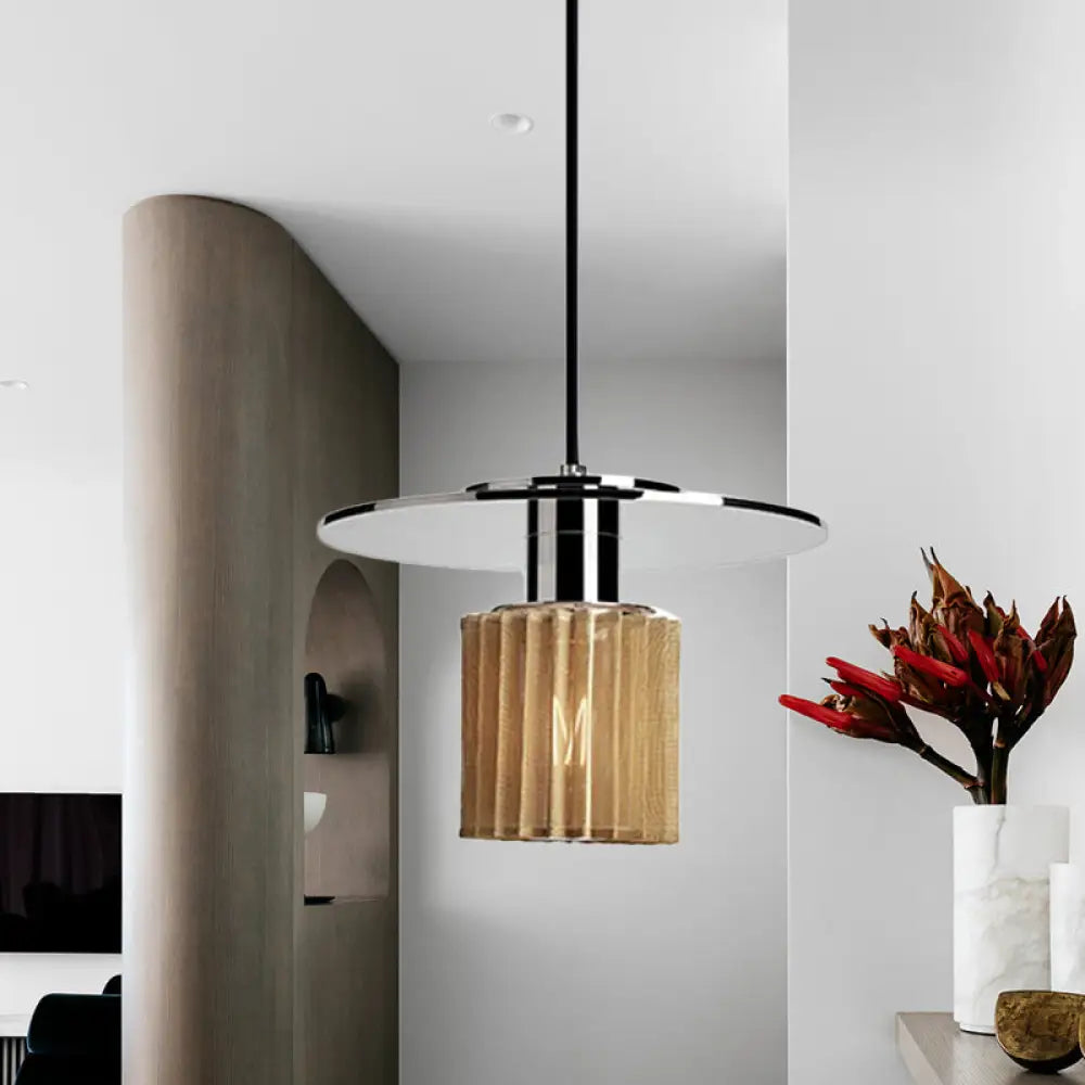 Ribbed Glass Chrome Pendant Light With Designer 1 Mini Drum Ceiling Lamp