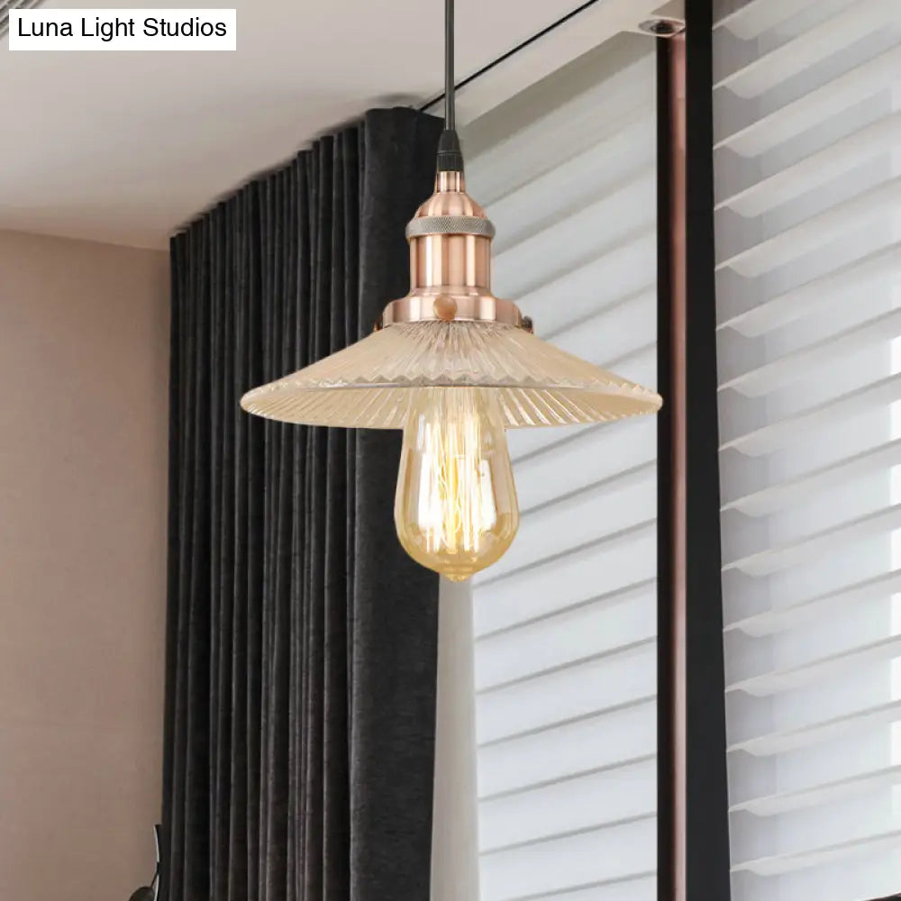 Ribbed Glass Cone Pendant Light Fixture For Dining Room - 1-Light Factory Brass/Copper Finish