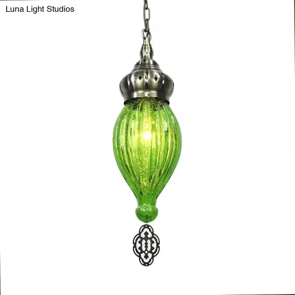 Ribbed Glass Droplet Hanging Lamp In Blue/Green/Taupe - Perfect For Bedroom