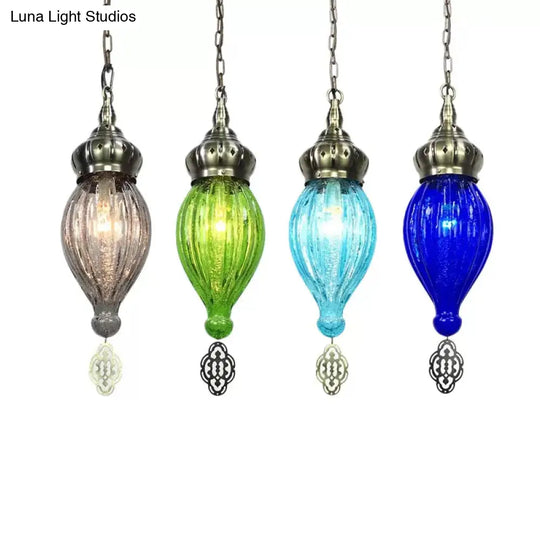 Ribbed Glass Droplet Hanging Lamp In Blue/Green/Taupe - Perfect For Bedroom