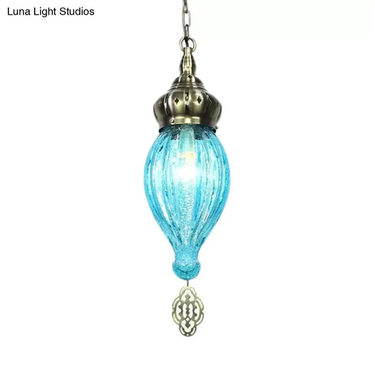 Ribbed Glass Droplet Hanging Lamp In Blue/Green/Taupe - Perfect For Bedroom