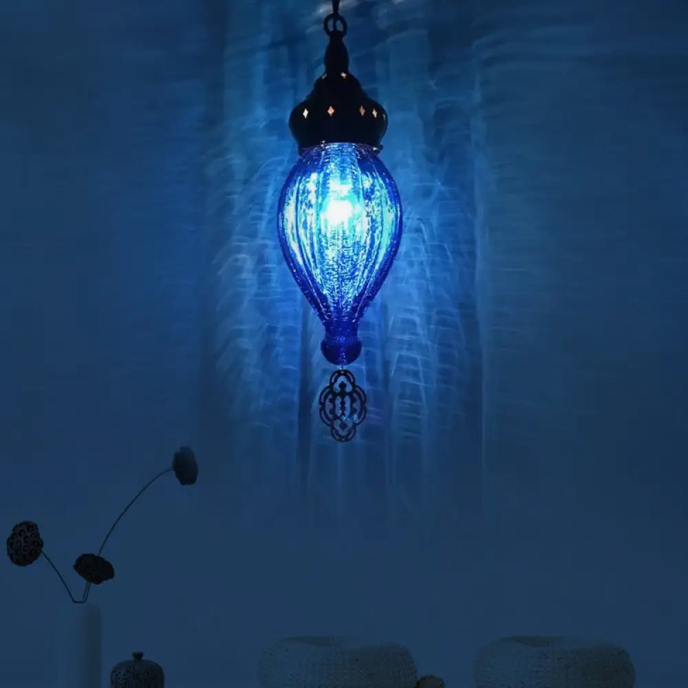 Ribbed Glass Droplet Hanging Lamp In Blue/Green/Taupe - Perfect For Bedroom Dark Blue / 1