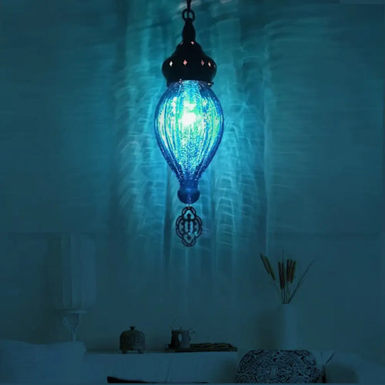 Ribbed Glass Droplet Hanging Lamp In Blue/Green/Taupe - Perfect For Bedroom Light Blue / 1