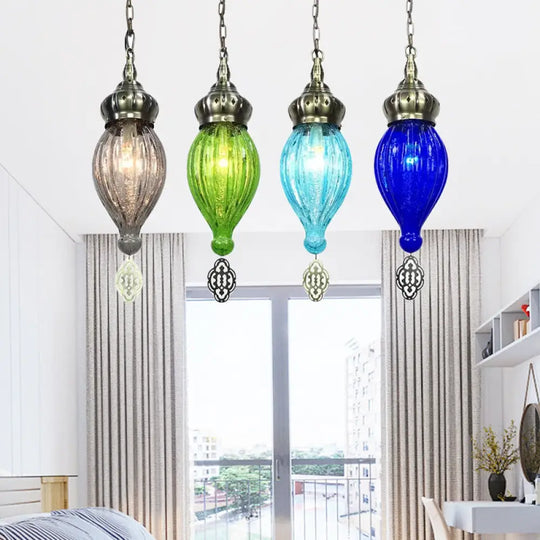 Ribbed Glass Droplet Hanging Lamp In Blue/Green/Taupe - Perfect For Bedroom Multi-Color / 4