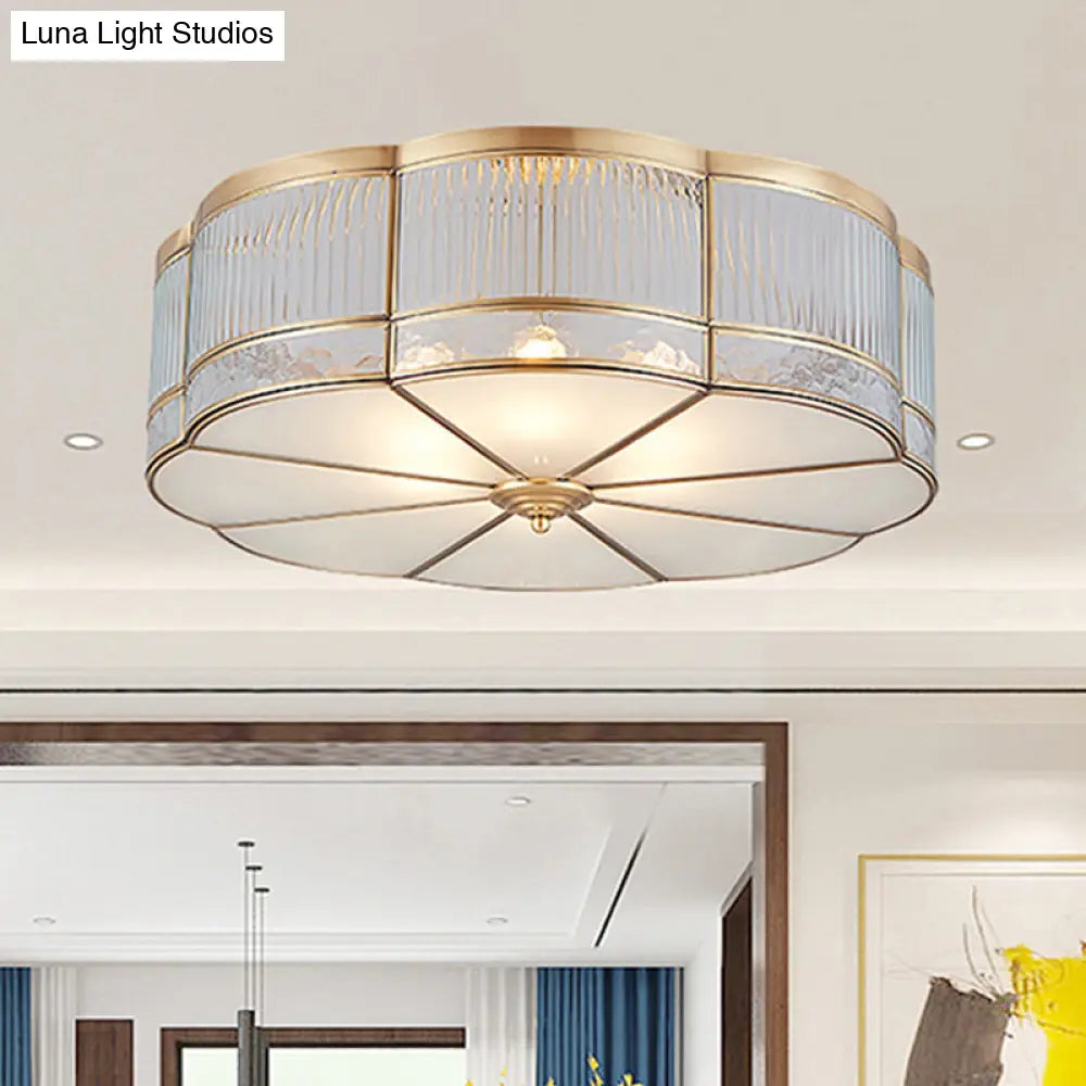 Ribbed Glass Gold Ceiling Flush Mount Lamp - Clover Design With 3/4 Heads Available In 14’ Or